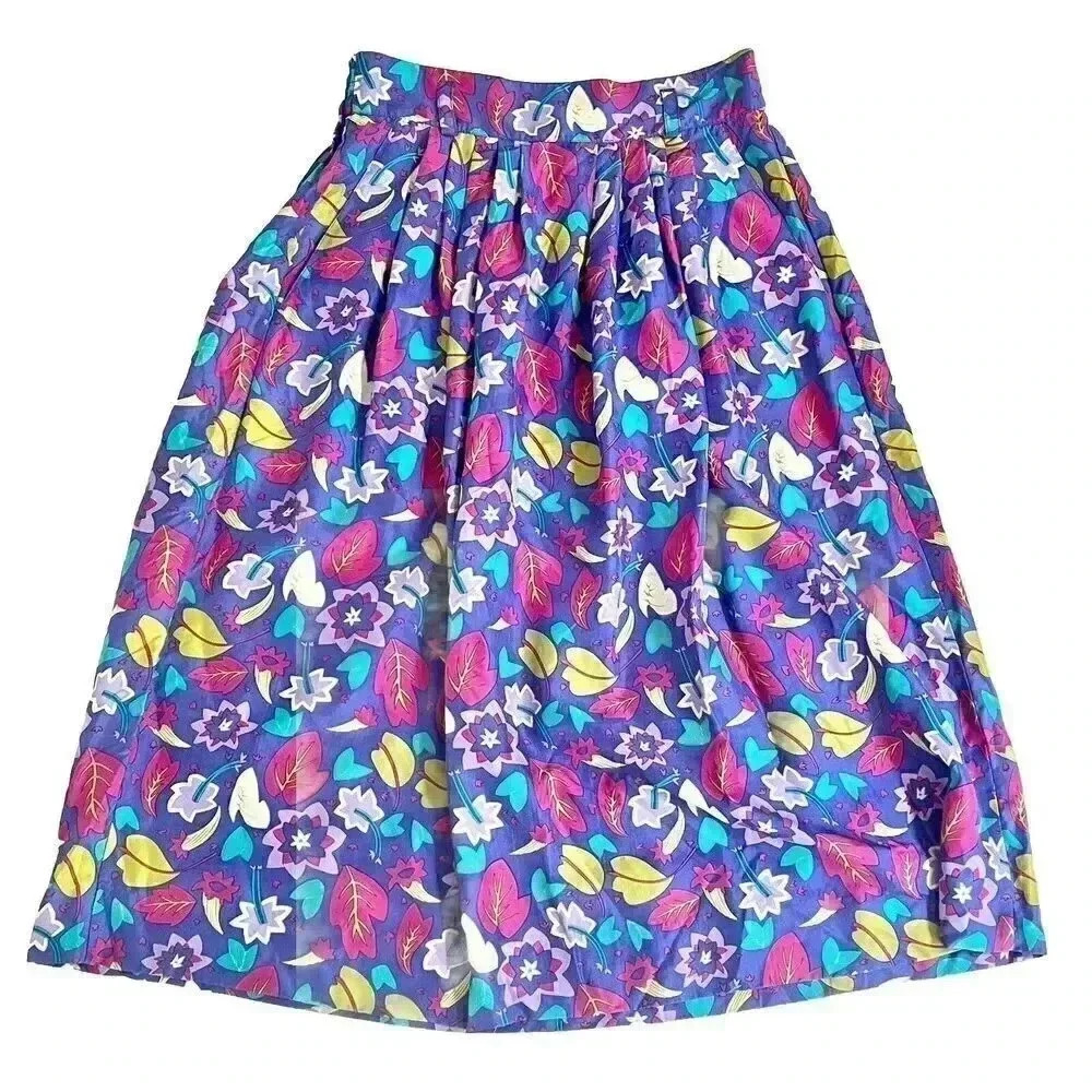 Vintage 80’/90’s 100% Silk Bright Floral Retro Midi Skirt A-line Women’s Size 10
